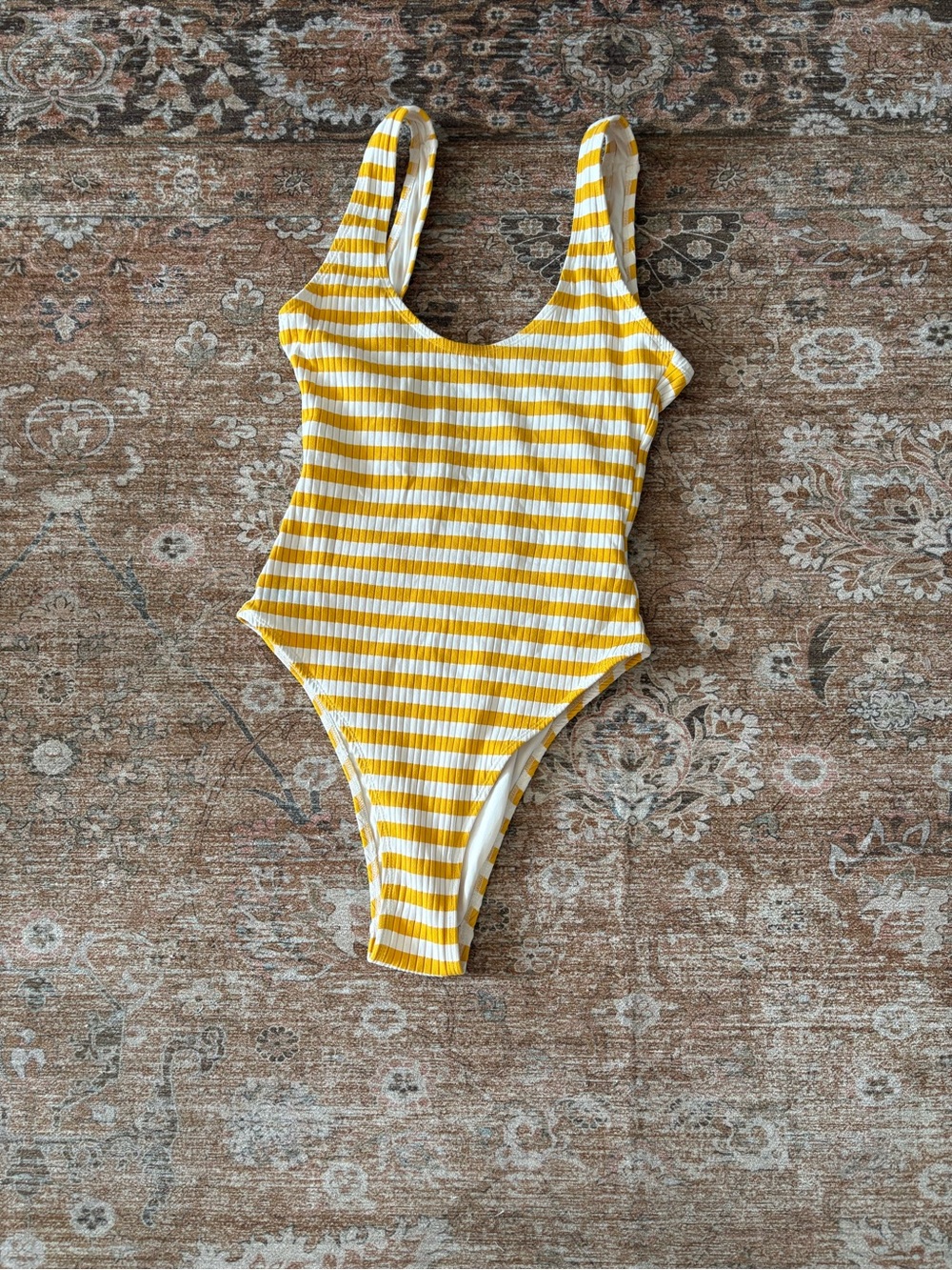 Faithfull the Brand Yellow and White Striped Ribbed One-Piece Swimsuit
